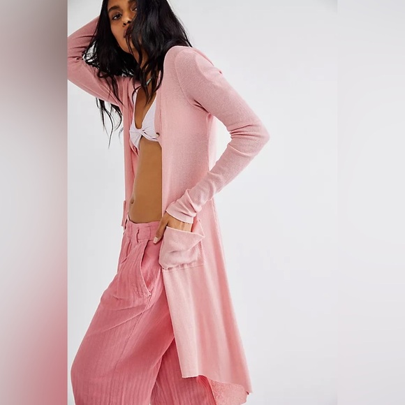 🔆 Free People Beach Pink/Rose Long Sleeve Ribbed Up Maxi Cardigan Sweater, Small - Picture 1 of 2